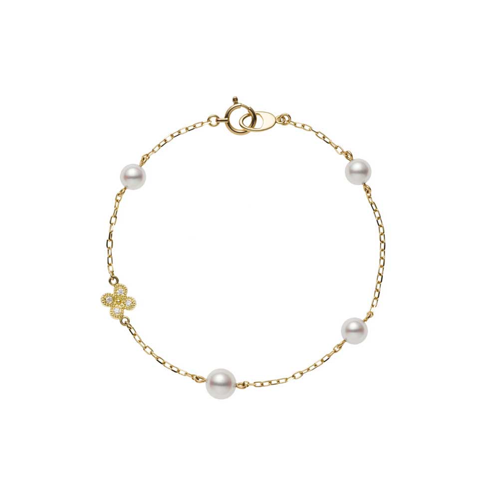 Mikimoto 18K Yellow And Green Gold Rhodium Plated Japan Collections Diamond Clover Charm Bracelet