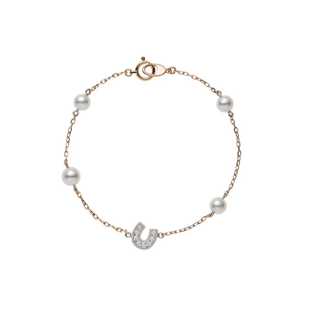 Mikimoto 18K Rose And White Gold Rhodium Plated Japan Collections Diamond Horseshoe Charm Bracelet