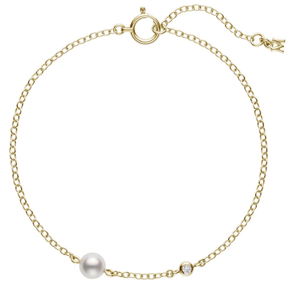 Mikimoto 18K Yellow Gold Station Bracelet With A Pearl And A Diamond