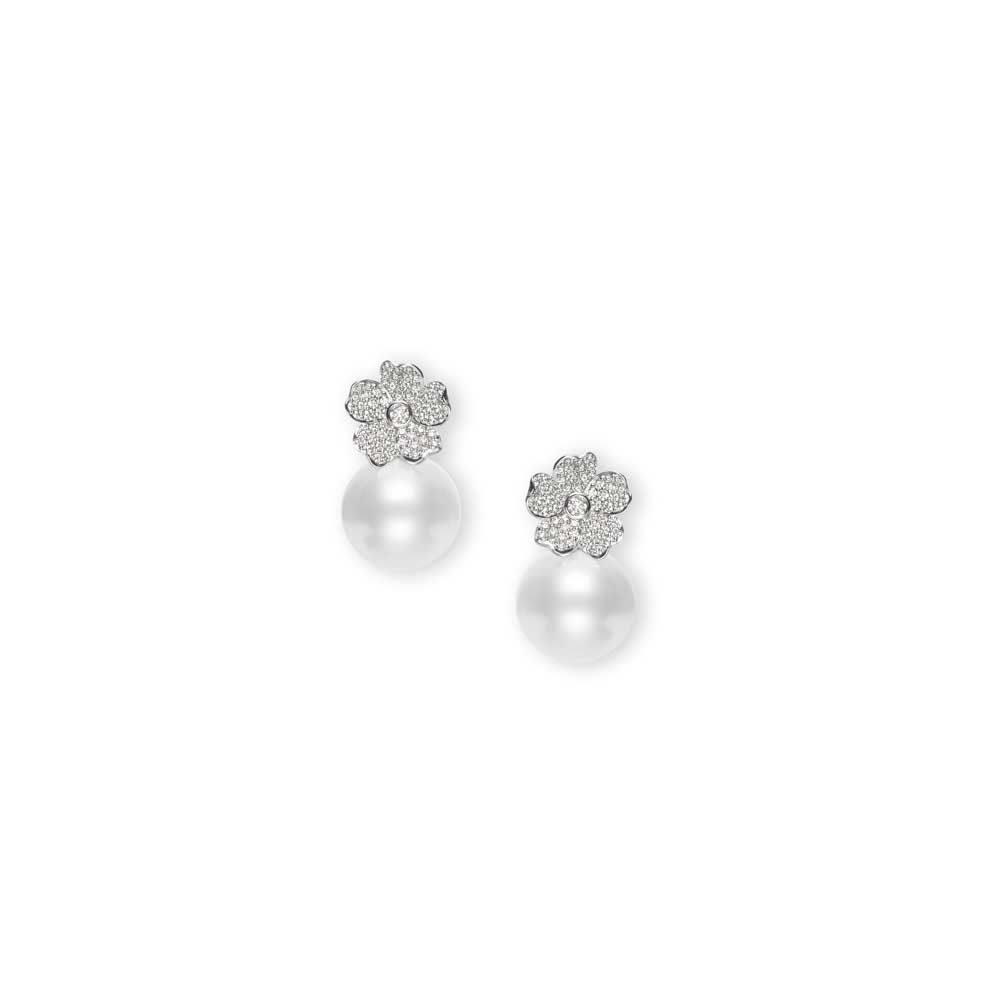 Mikimoto 18K White Gold Nature Cherry Blossom Pearl Drop Earrings With Diamonds