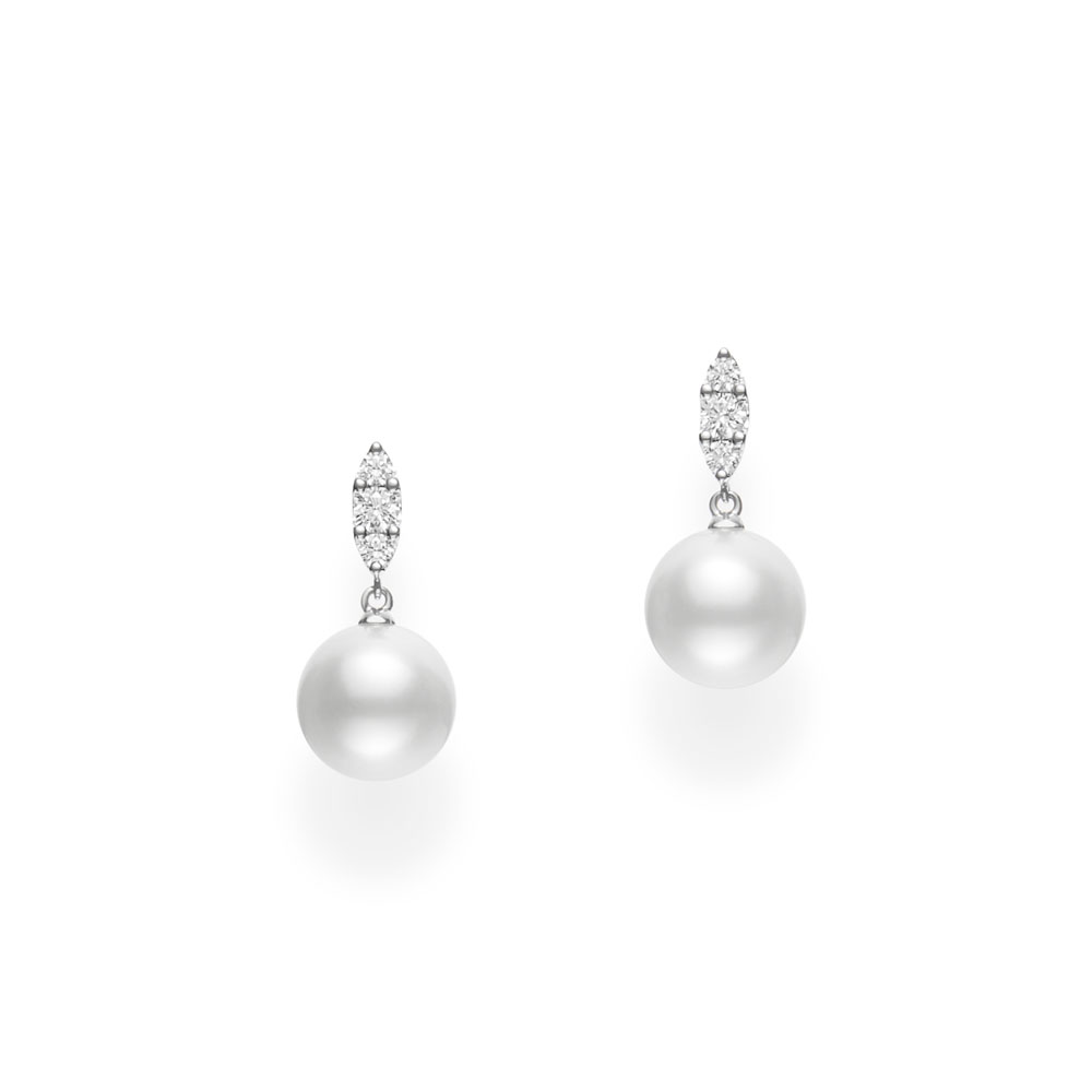 Mikimoto 18K White Gold Rhodium Plated Morning Dew White South Sea Pearl Drop Earrings