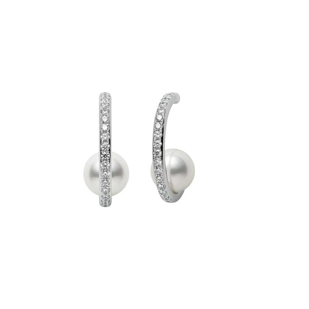 Mikimoto 18K White Gold Diamond Pave & Akoya Huggie Earrings