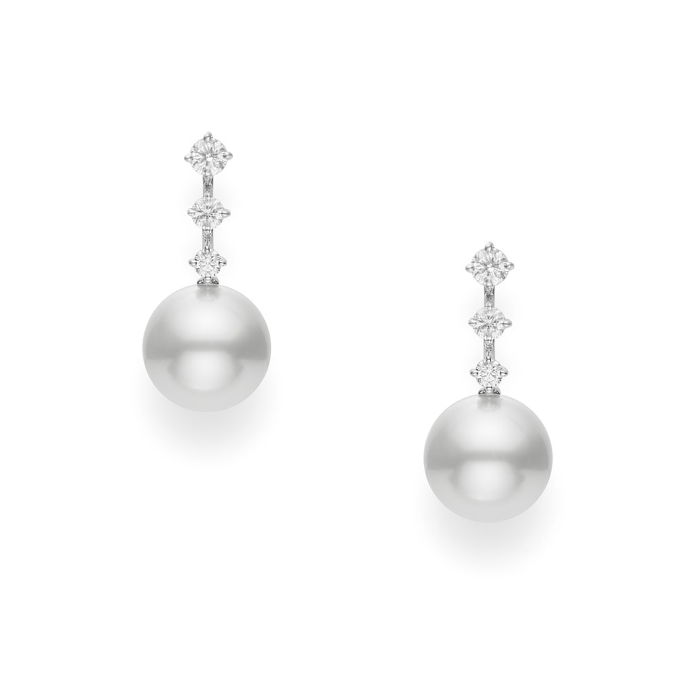 Mikimoto 18K White Gold Rhodium Plated Japan Collection Pearl Drop Earrings With Diamonds