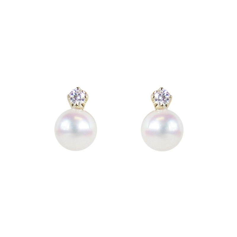 Mikimoto 18K Yellow Gold Classic Pearl Stud Earrings With Diamonds