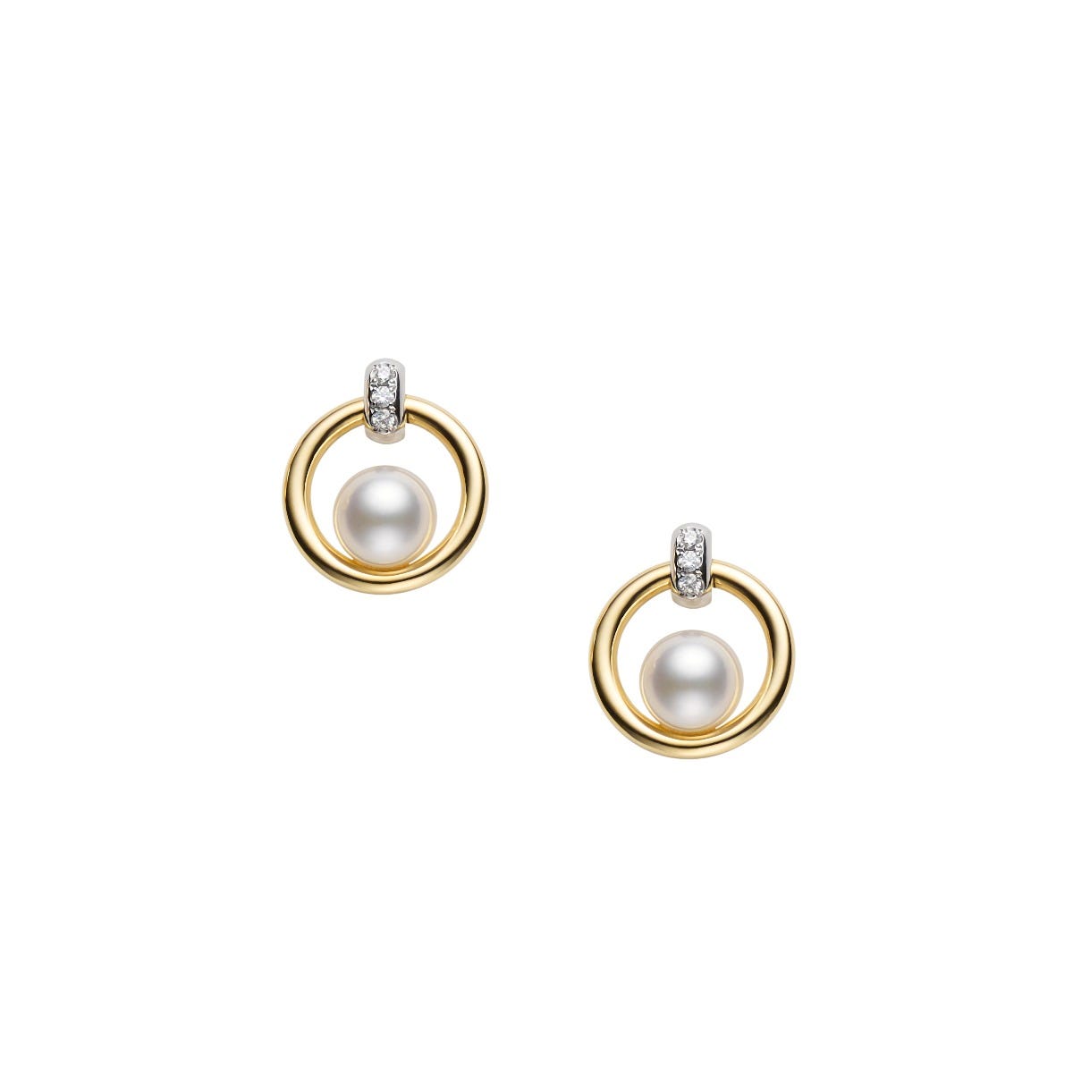 Mikimoto 18K Yellow Gold And 18K White Gold Rhodium Plated Circle Pearl Stud Earrings With Diamonds