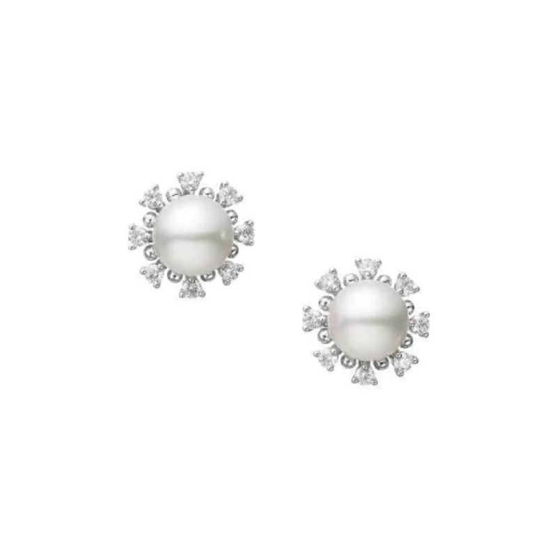 Mikimoto 18K White Gold Classic Akoya Cultured Pearl And Diamond Earrings