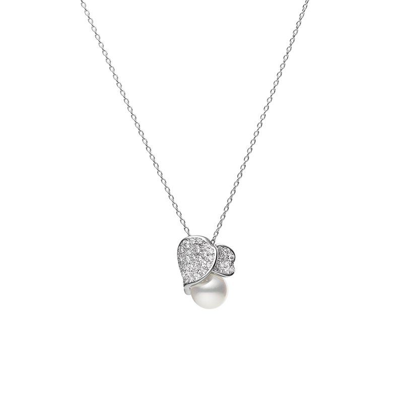 Mikimoto 18K White Gold Rhodium Plated Petal Pearl Pendant Necklace With Diamonds