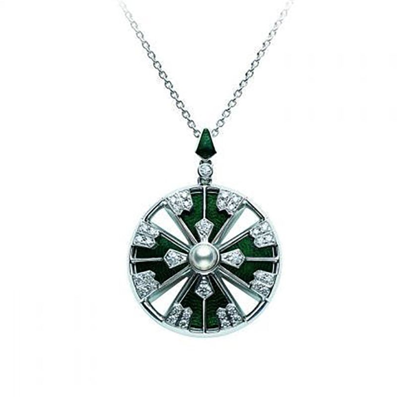 Mikimoto 18K White Gold Japan Collections Yaguruma Black Enamel Pendant Necklace