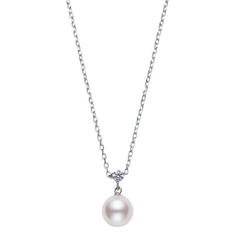 Mikimoto 18K White Gold Rhodium Plated Classic Pearl Pendant Necklace With A Diamond