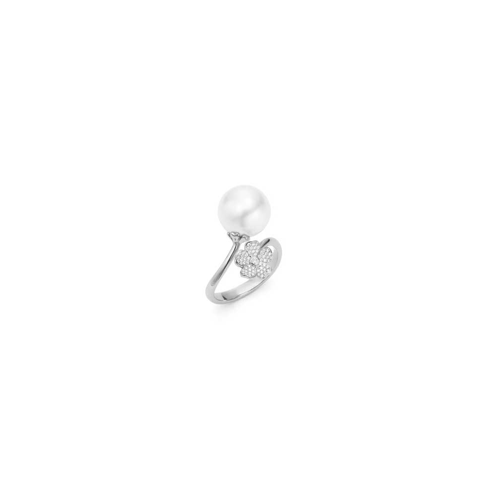 Mikimoto 18K White Gold Nature Cherry Blossom Pearl Bypass Ring