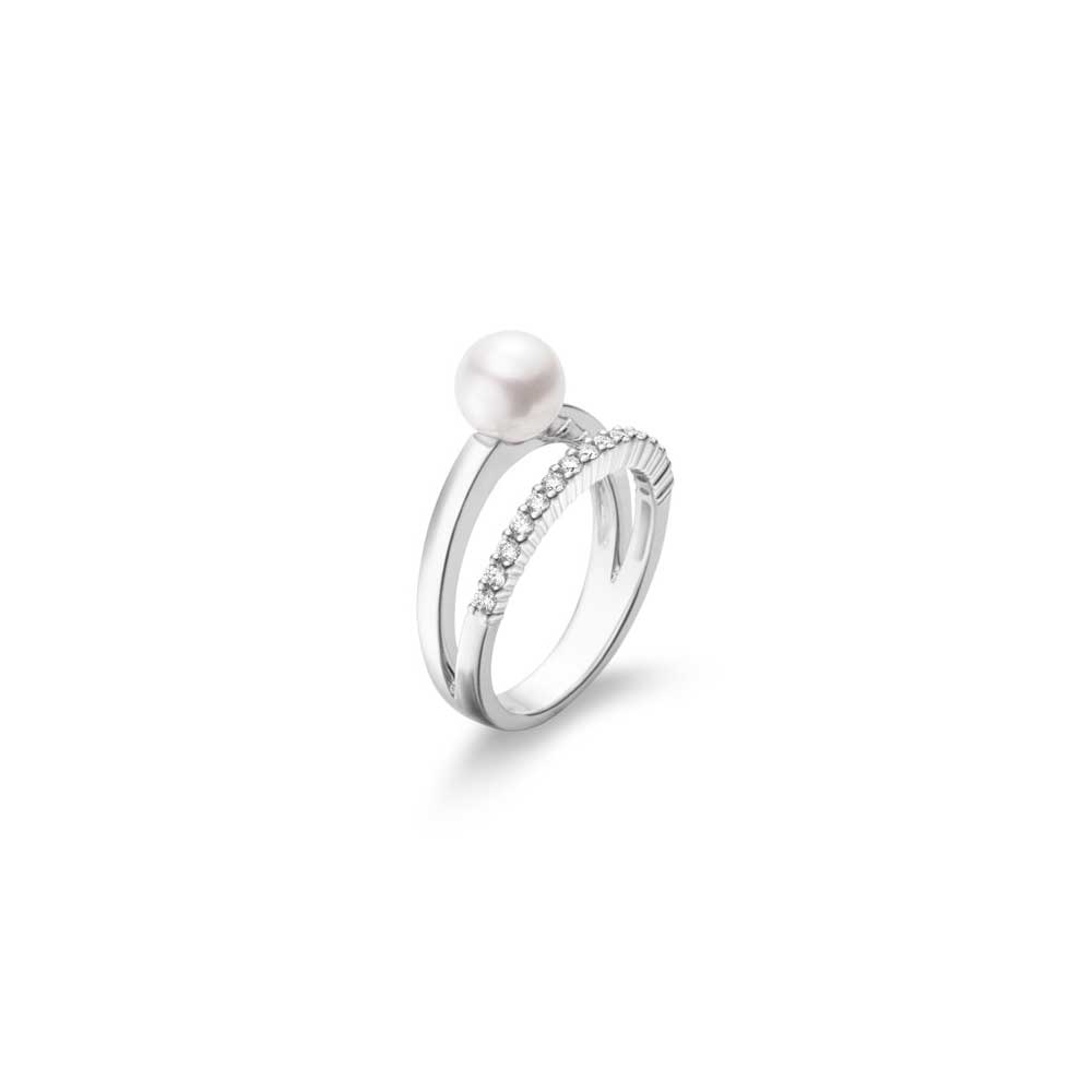 Mikimoto 18K White Gold Others Two Row Ring With Pearl And Diamonds