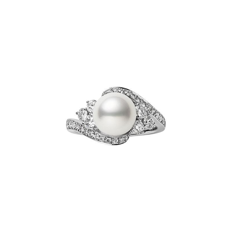 Mikimoto A+ Akoya Cultured Pearl Diamond 3 Accent Swirl Ring