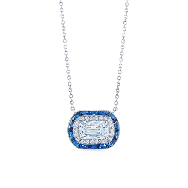 Ashoka Diamond and Sapphire Halo Pendant