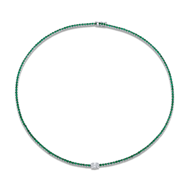 Norman Silverman 5.49 Carat 18K White Gold Green Emerald Oval Center Stone Necklace