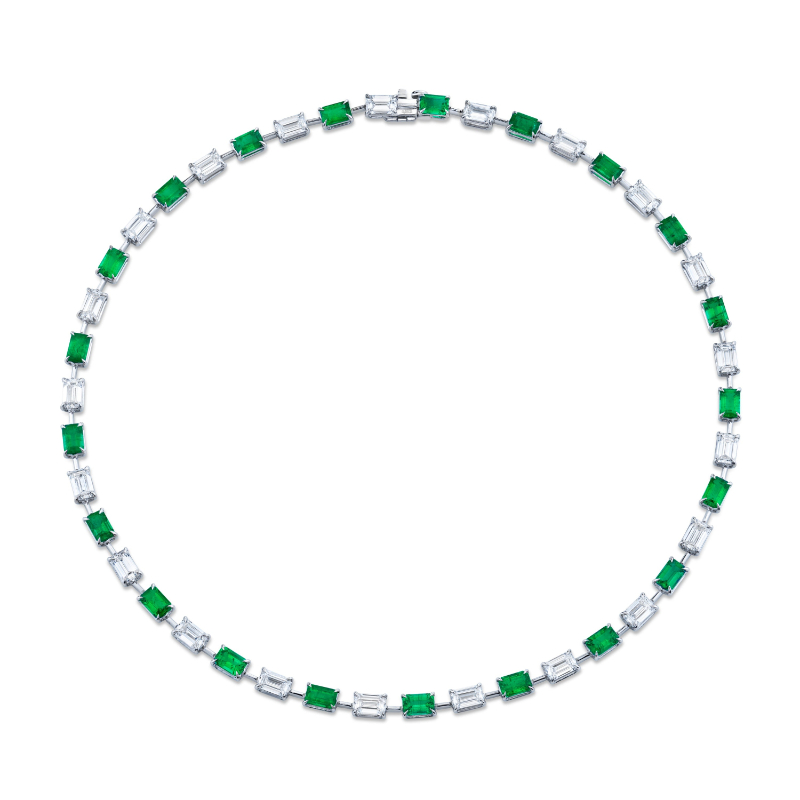 Norman Silverman Green Emeralds And Emerald-Cut Diamond Necklace
