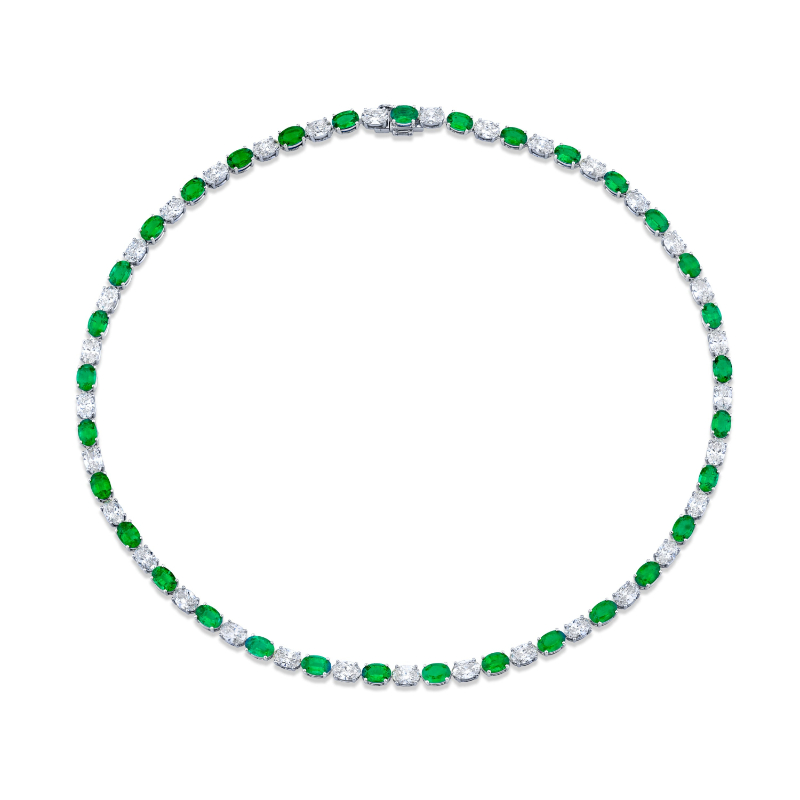 Norman Silverman Alternating Oval-Cut Diamonds And Green Emeralds Necklace
