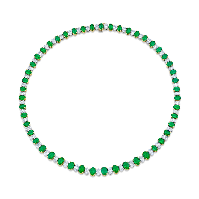 Norman Silverman Alternating Oval Diamonds And Green Emeralds Necklace