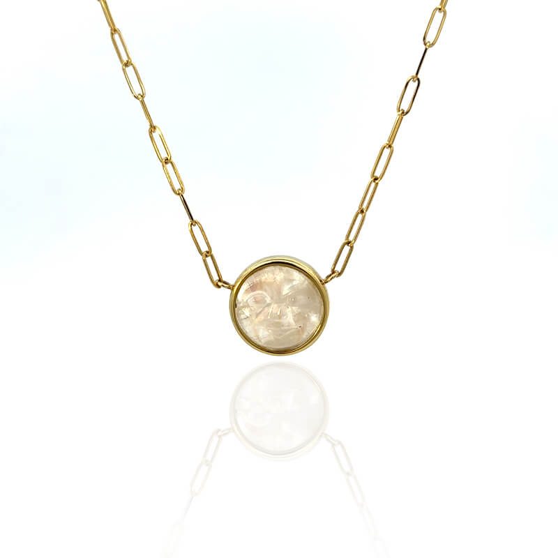 Lauren K Carved Moonface Rainbow Moonstone Bea Pendant Paperclip Necklace
