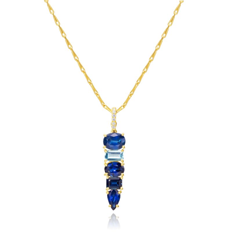 18Yg Pave Diamond, Blue Sapphire And Aquamarine Linear Necklace