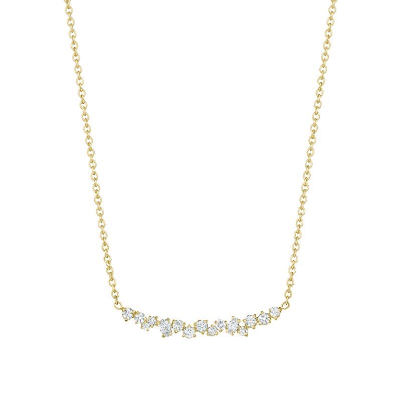 18K Gold .57Ct Curved Diamond Cluster Necklace With Round (.42Ct), Pear Shape (.09Ct) And Marquise Shape (.06Ct) Diamonds On Plain Chain