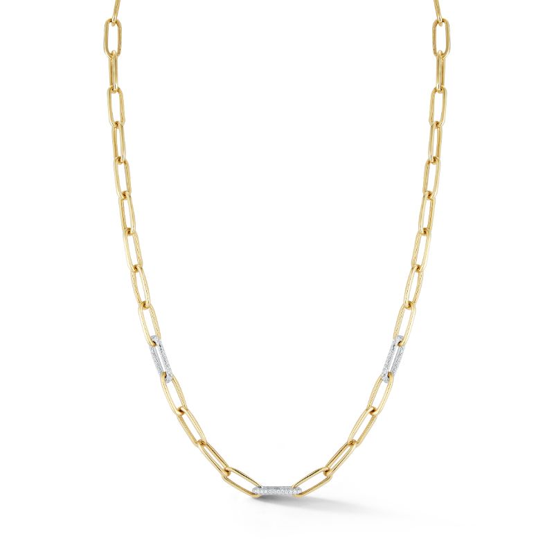 Deutsch Signature Paperclip Solid Gold Link Necklace with 3 Diamond Pave Links