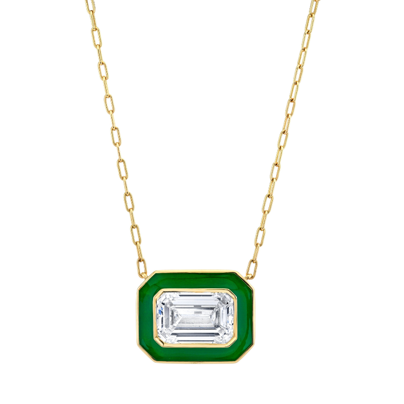 Norman Silverman Emerald Cut Diamond With Green Enamel Pendant