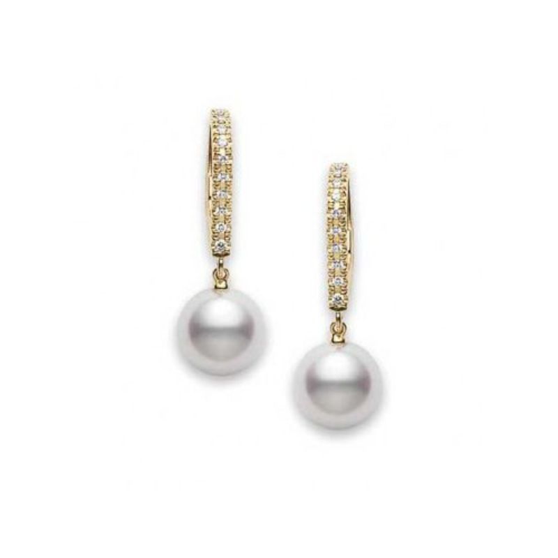 Mikimoto 18K Yellow Gold Classic Pearl Drop Earrings With Diamonds