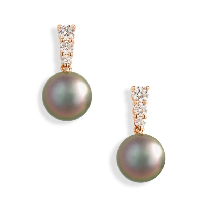 Mikimoto 18K Rose Gold Morning Black South Sea Pearl Drop Earrings With Diamonds