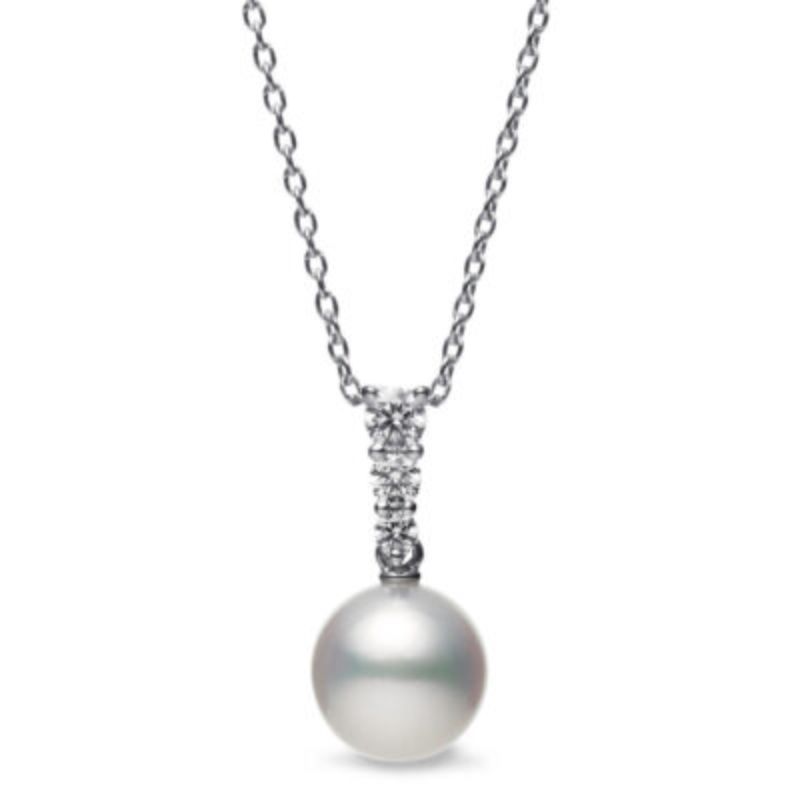 Mikimoto 18K White Gold Rhodium Plated Morning Dew Pearl Pendant Necklace With Diamonds