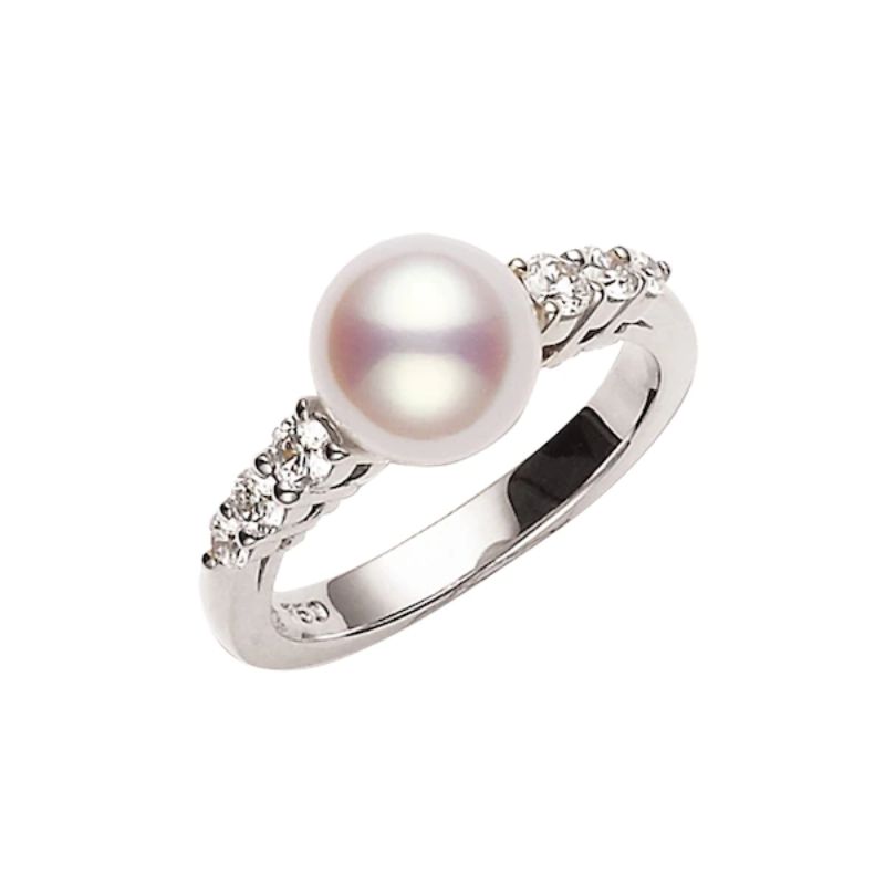 Mikimoto 18K White Gold Rhodium Plated Morning Dew Pearl Ring