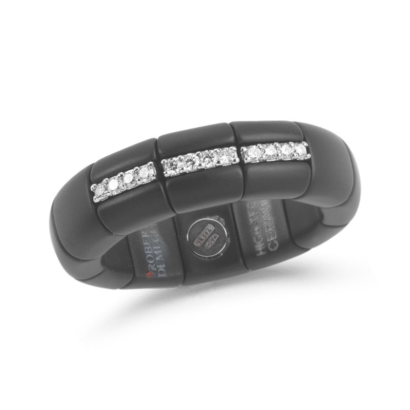 Matte Black Ceramic Ring with 3 Diamond Sections
