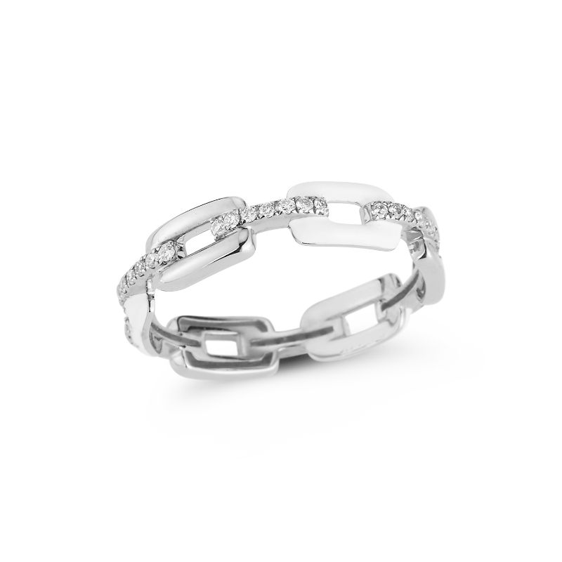 Deutsch Signature Alternating White Enamel Link Ring with Diamond Bars