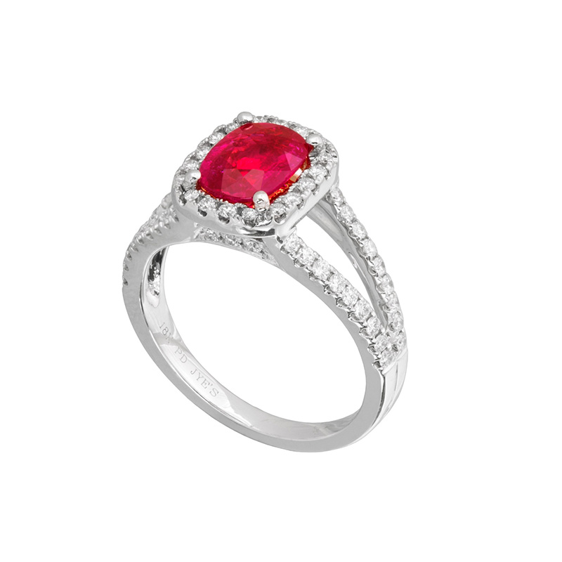 Jye's Oval Ruby and Diamond Halo Split Shank Ring