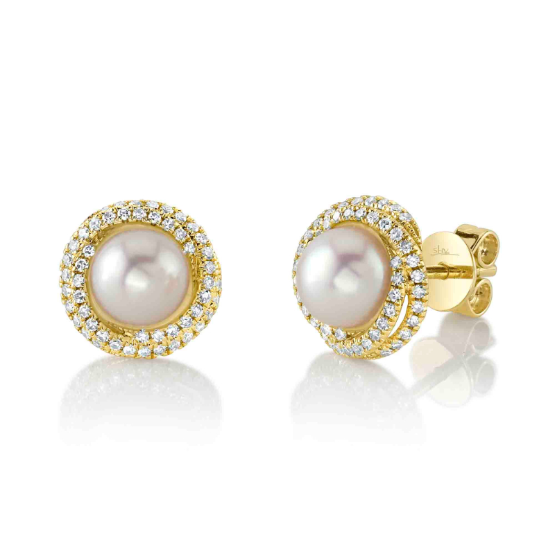 Deutsch Signature Cultured Pearl With 0.26Ct Round Diamond Pave Swirl Halo Stud Earrings