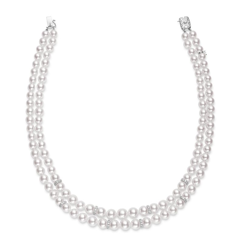 Mikimoto Everyday Essentials 18K White Gold Double Strand Akoya Pearl and Diamond Necklace