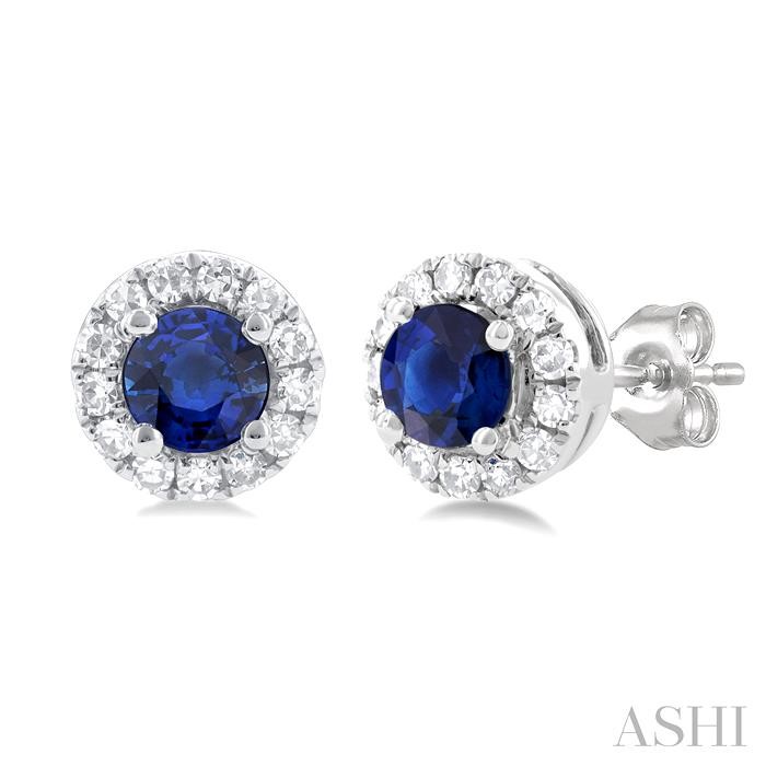 Round Shape Gemstone & Halo Diamond Earrings