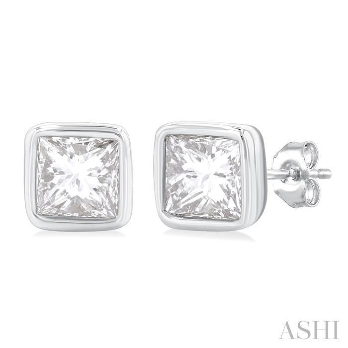 Princess Shape Bezel Set Petite Diamond Fashion Stud Earrings