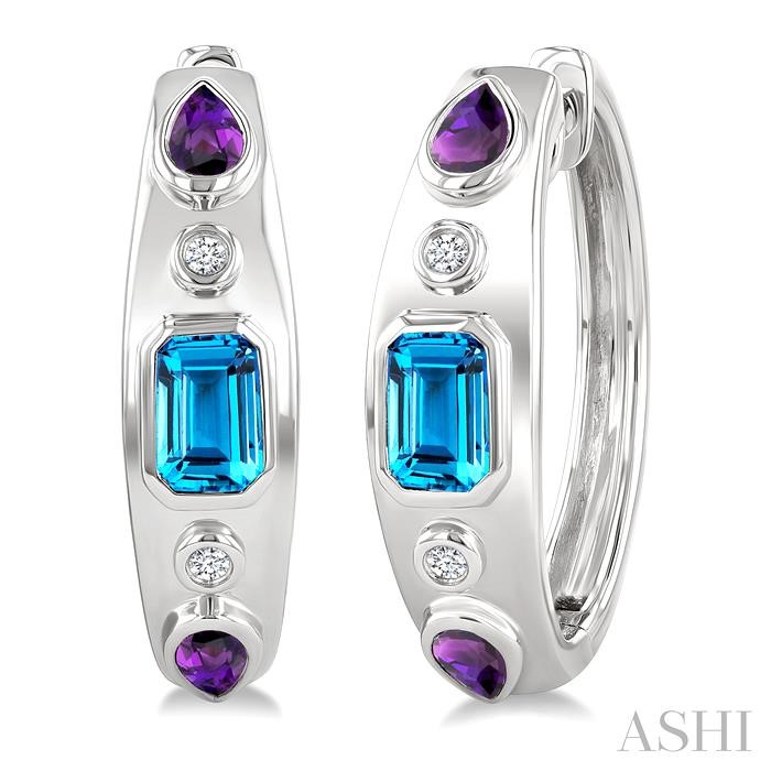 Silver Mixed Fancy Gemstone & Diamond Hoop Earrings